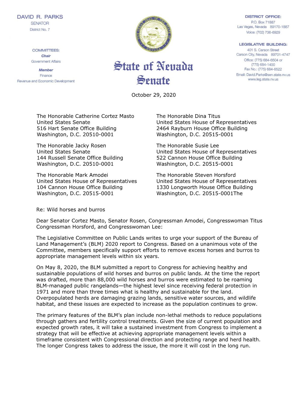 Committee Letter to Nevada's Congressional Delegation