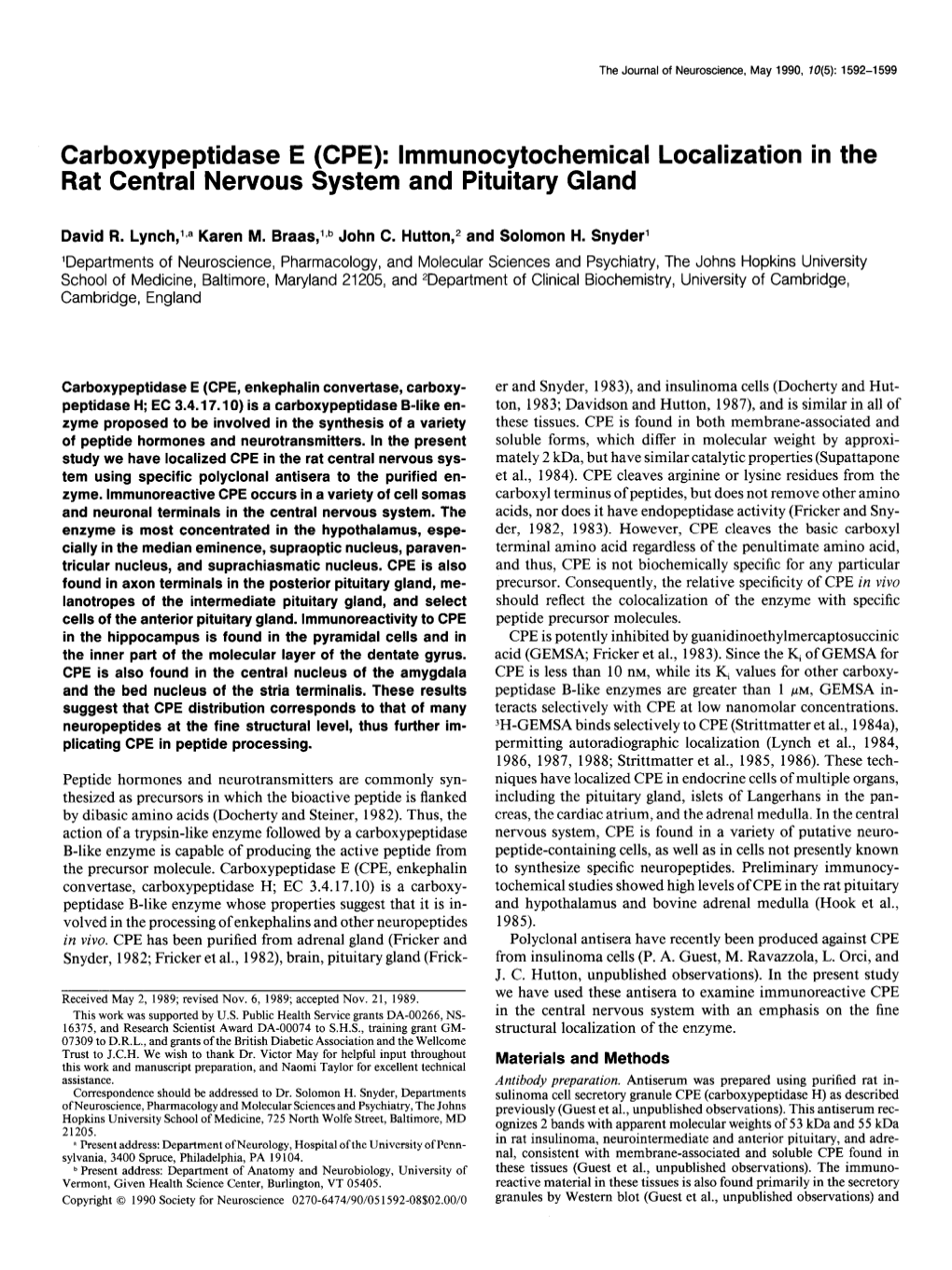 Carboxypeptidase E (CPE): Lmmunocytochemical Localization in the Rat Central Nervous System and Pituitary Gland