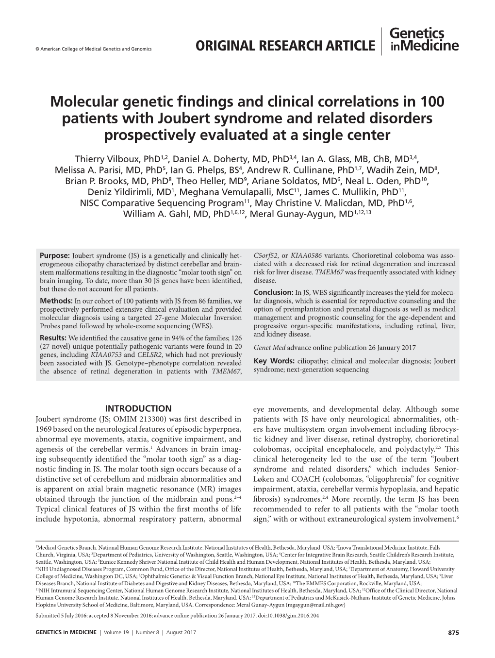 Molecular Genetic Findings and Clinical Correlations in 100 Patients with Joubert Syndrome and Related Disorders Prospectively Evaluated at a Single Center