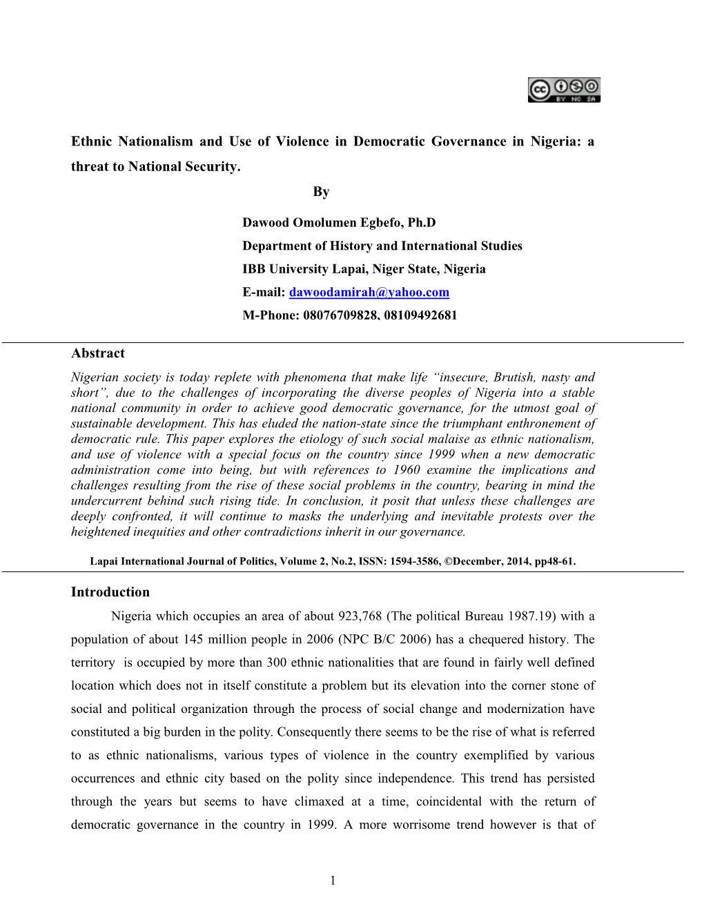 Ethnic Nationalism and Use of Violence in Democratic Governance in Nigeria: a Threat to National Security