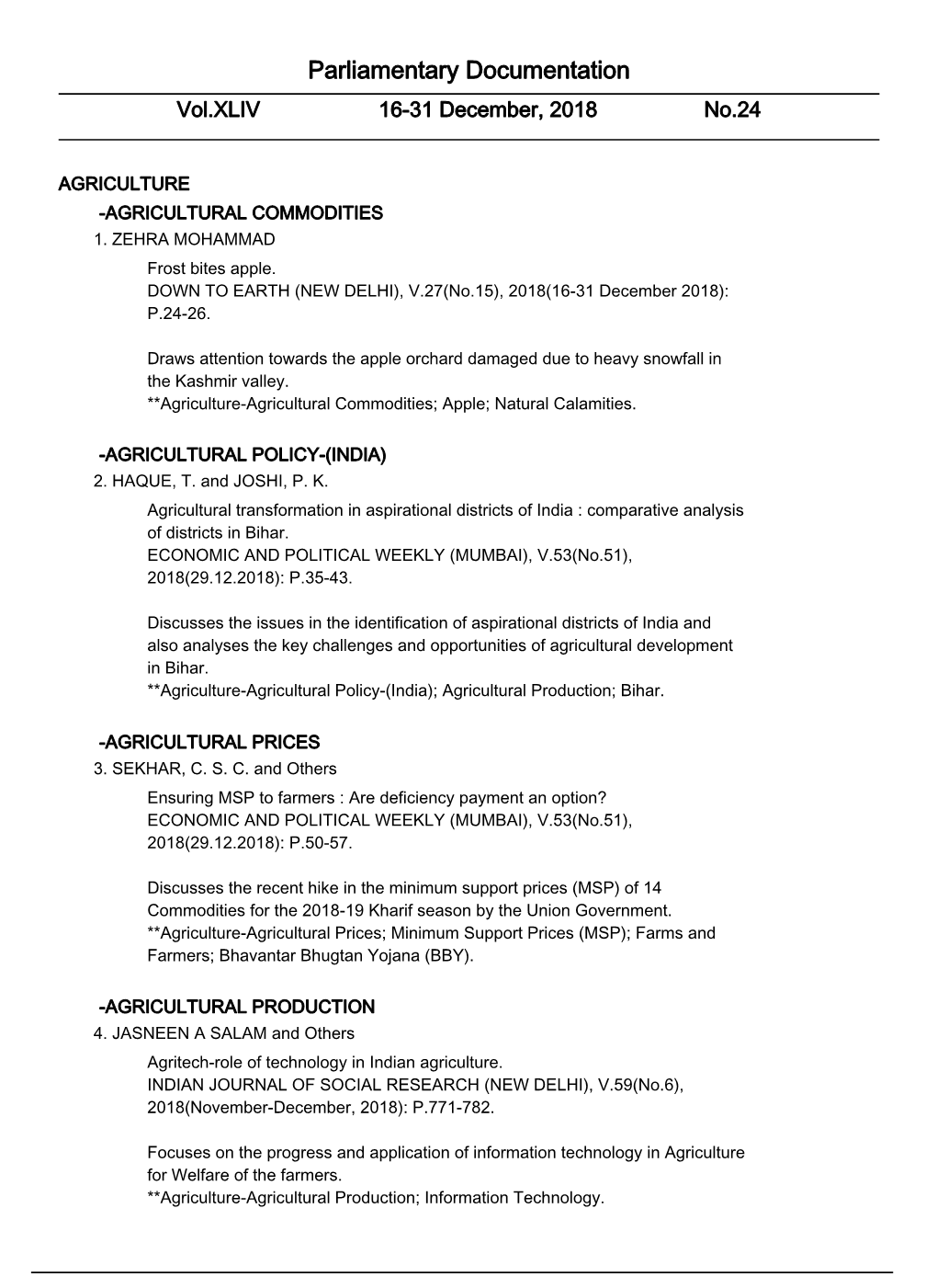 Parliamentary Documentation Vol.XLIV 16-31 December, 2018 No.24