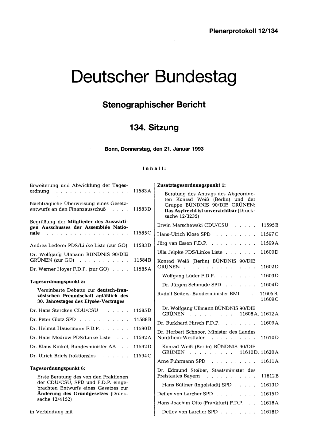 Deutscher Bundestag, 134. Sitzung