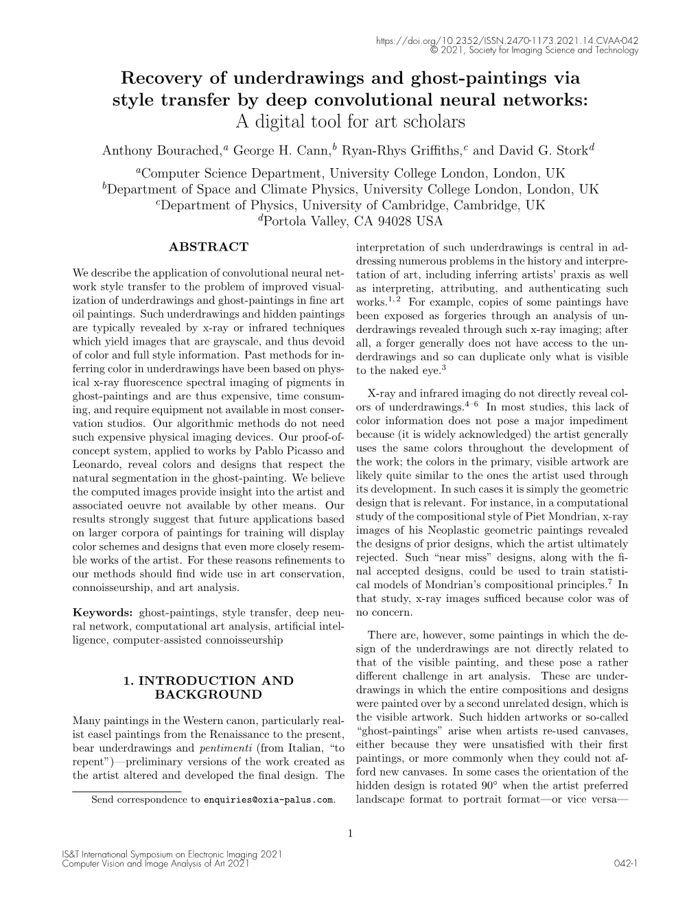 Recovery of Underdrawings and Ghost-Paintings Via Style Transfer by Deep Convolutional Neural Networks: a Digital Tool for Art Scholars Anthony Bourached,A George H