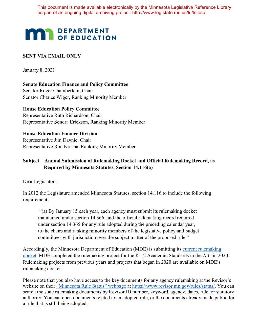 Rulemaking Docket and Official Rulemaking Record, As Required by Minnesota Statutes, Section 14.116(A)