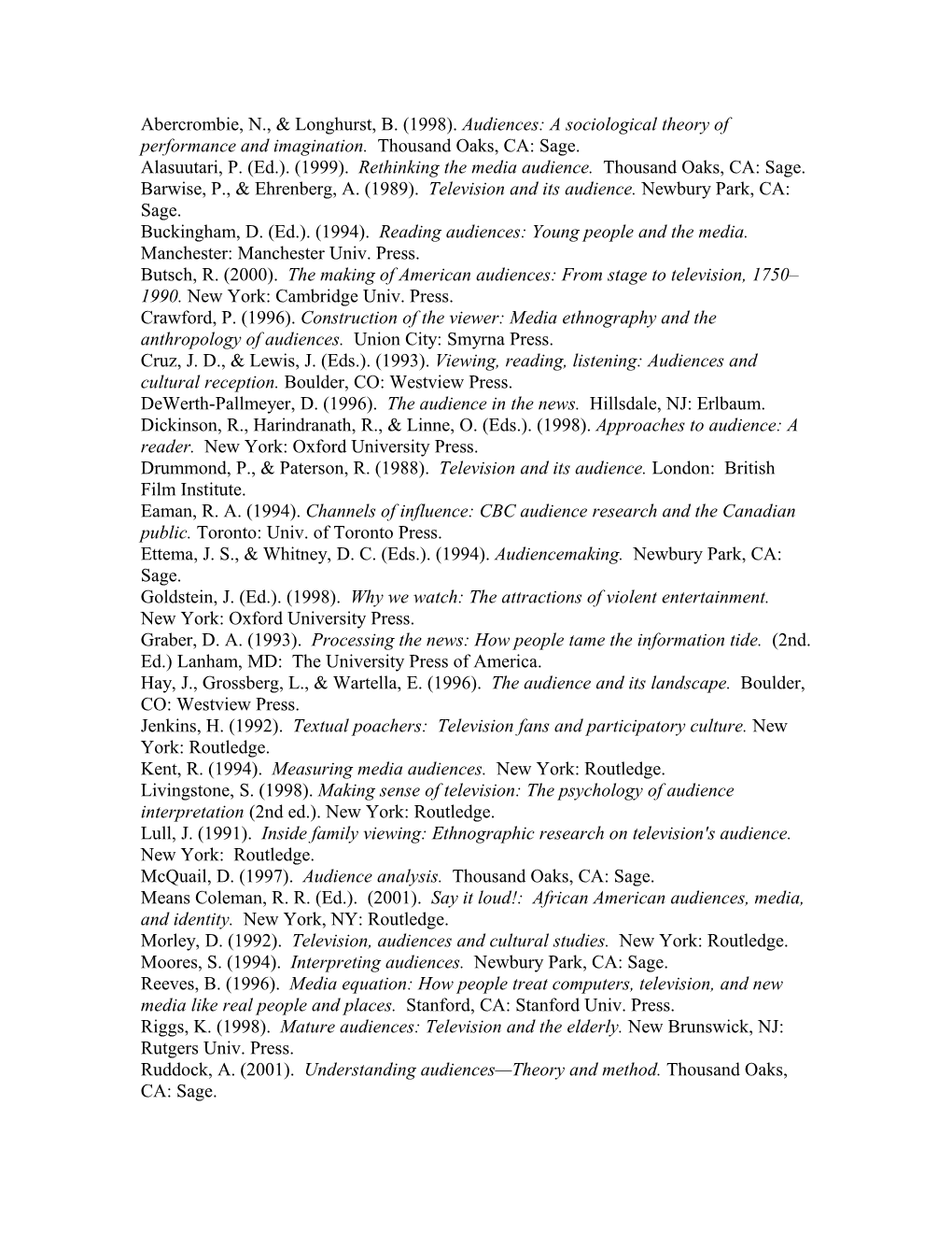 Abercrombie, N., & Longhurst, B. (1998). Audiences: a Sociological Theory of Performance