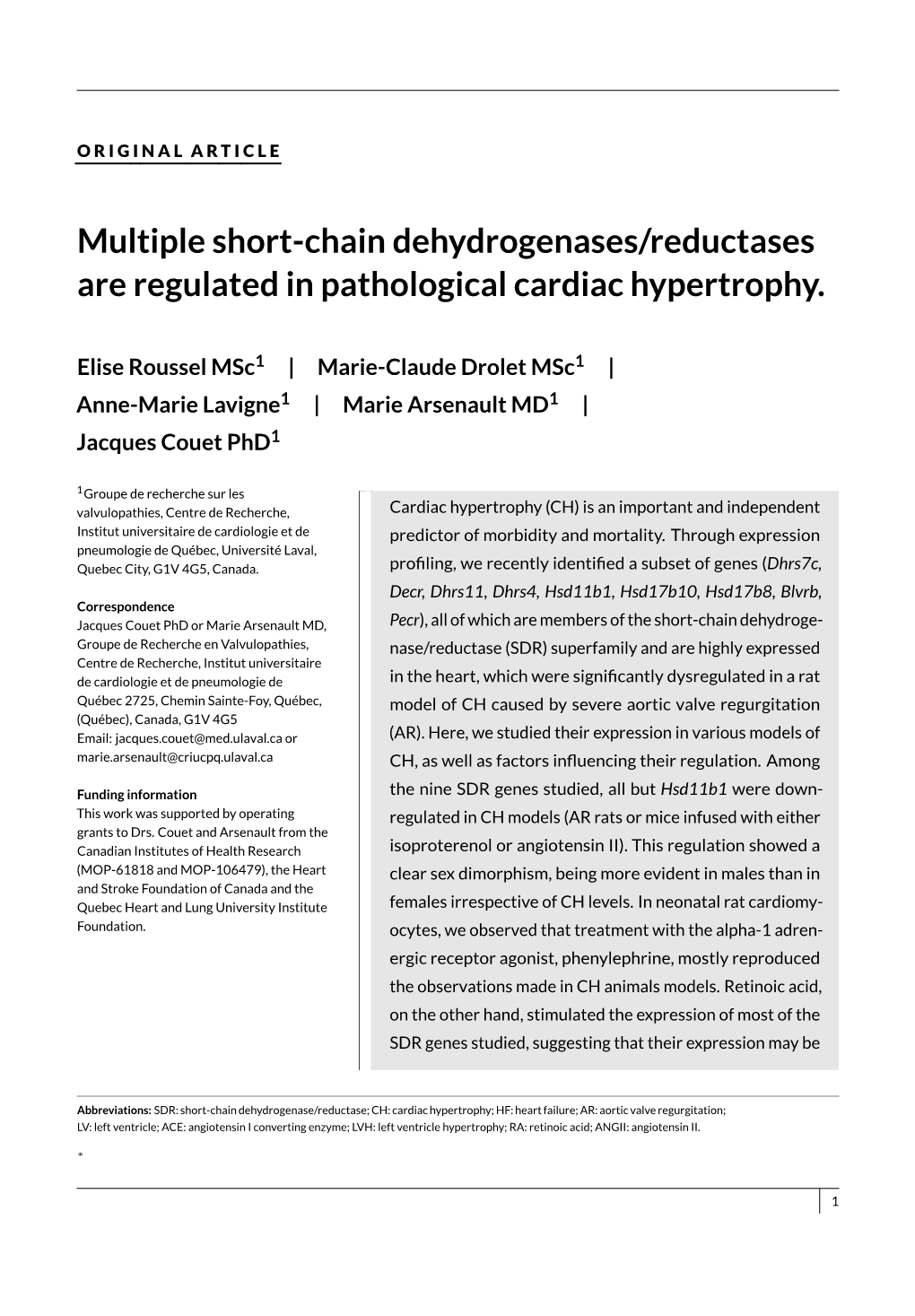 Multiple Short-Chain Dehydrogenases/Reductases Are Regulated in Pathological Cardiac Hypertrophy