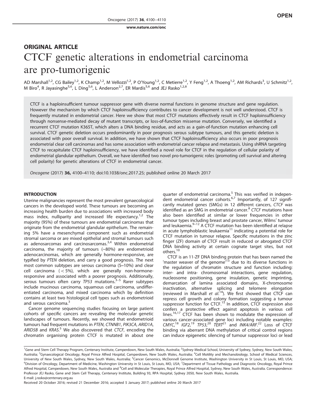 CTCF Genetic Alterations in Endometrial Carcinoma Are Pro-Tumorigenic