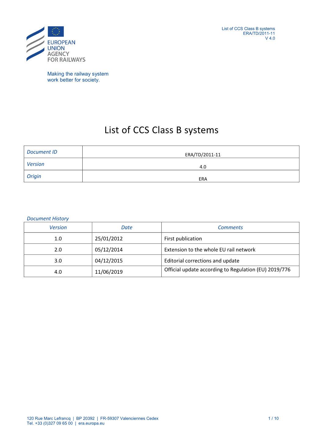 List of CCS Class B Systems ERA/TD/2011-11 V 4.0