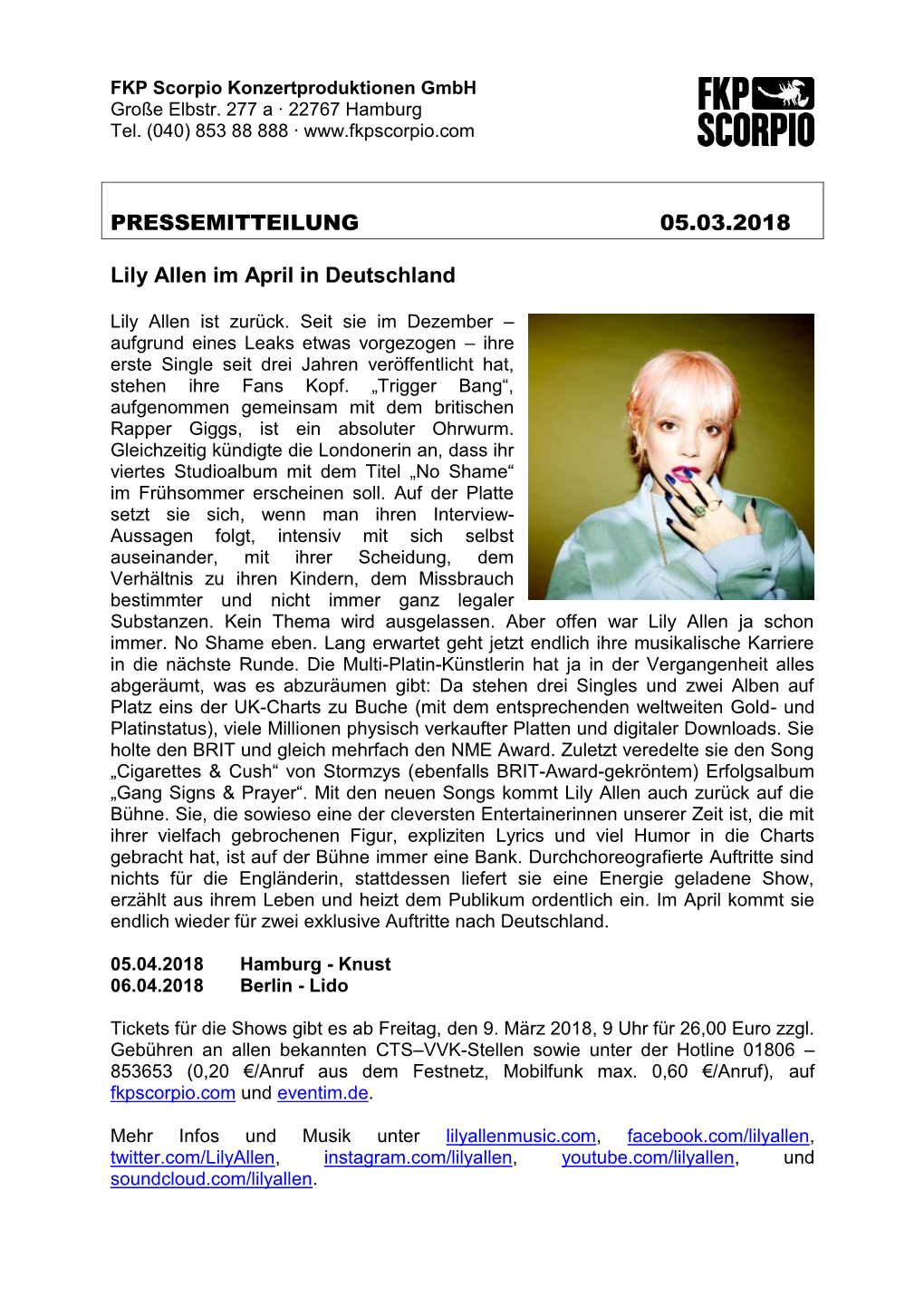 PRESSEMITTEILUNG 05.03.2018 Lily Allen Im April in Deutschland