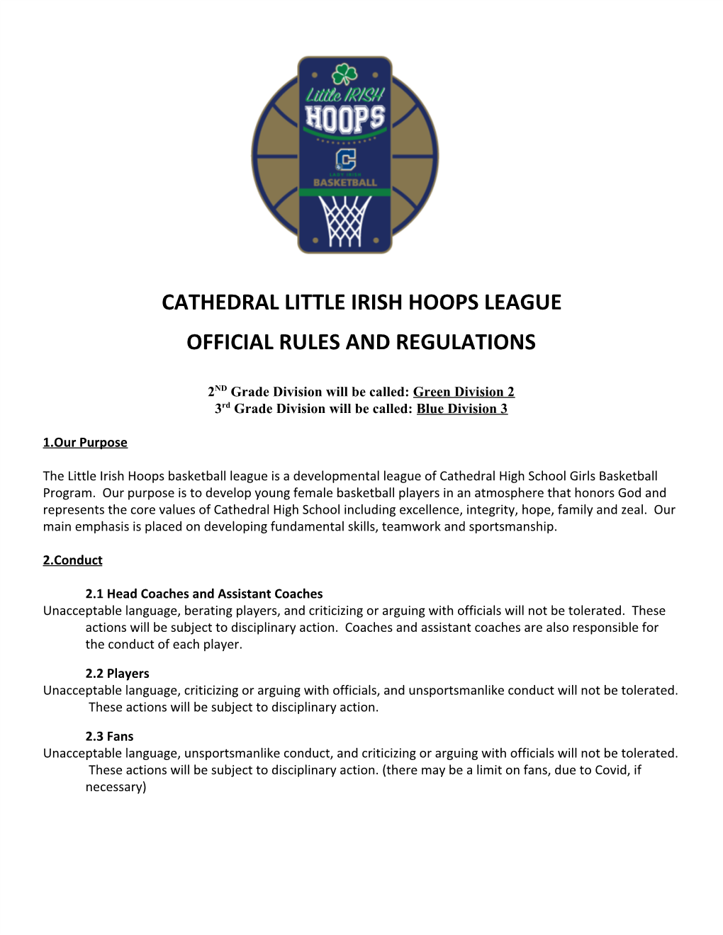 Cathedral Little Irish Hoops League Official Rules and Regulations