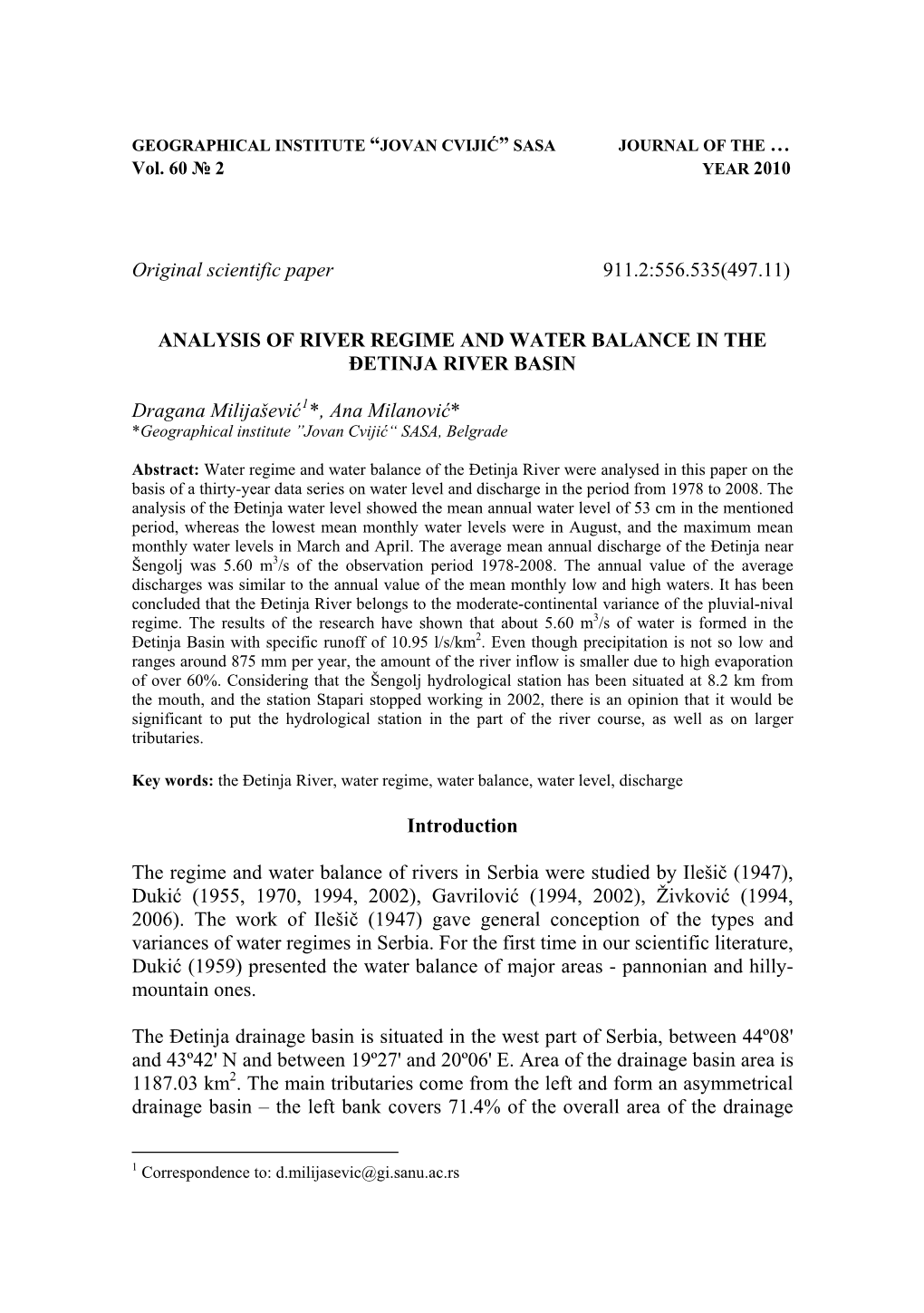 Anlysis of River Regime and Water Balance in the Đetinja River Basin