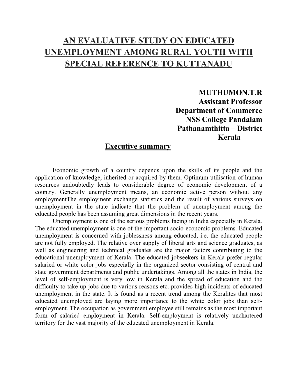 An Evaluative Study on Educated Unemployment Among Rural Youth with Special Reference to Kuttanadu