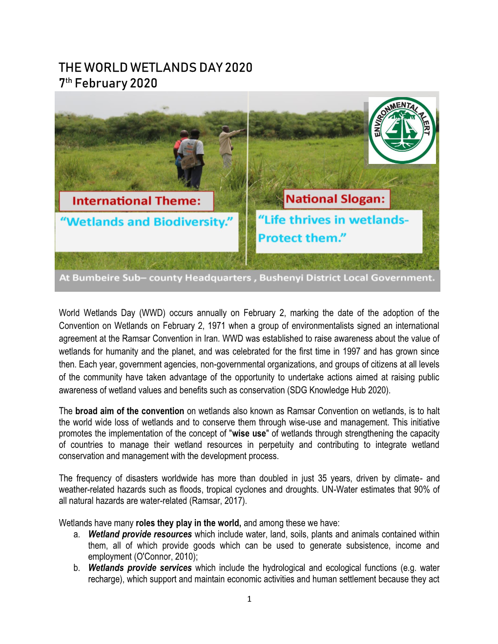 THE WORLD WETLANDS DAY 2020 7Th February 2020