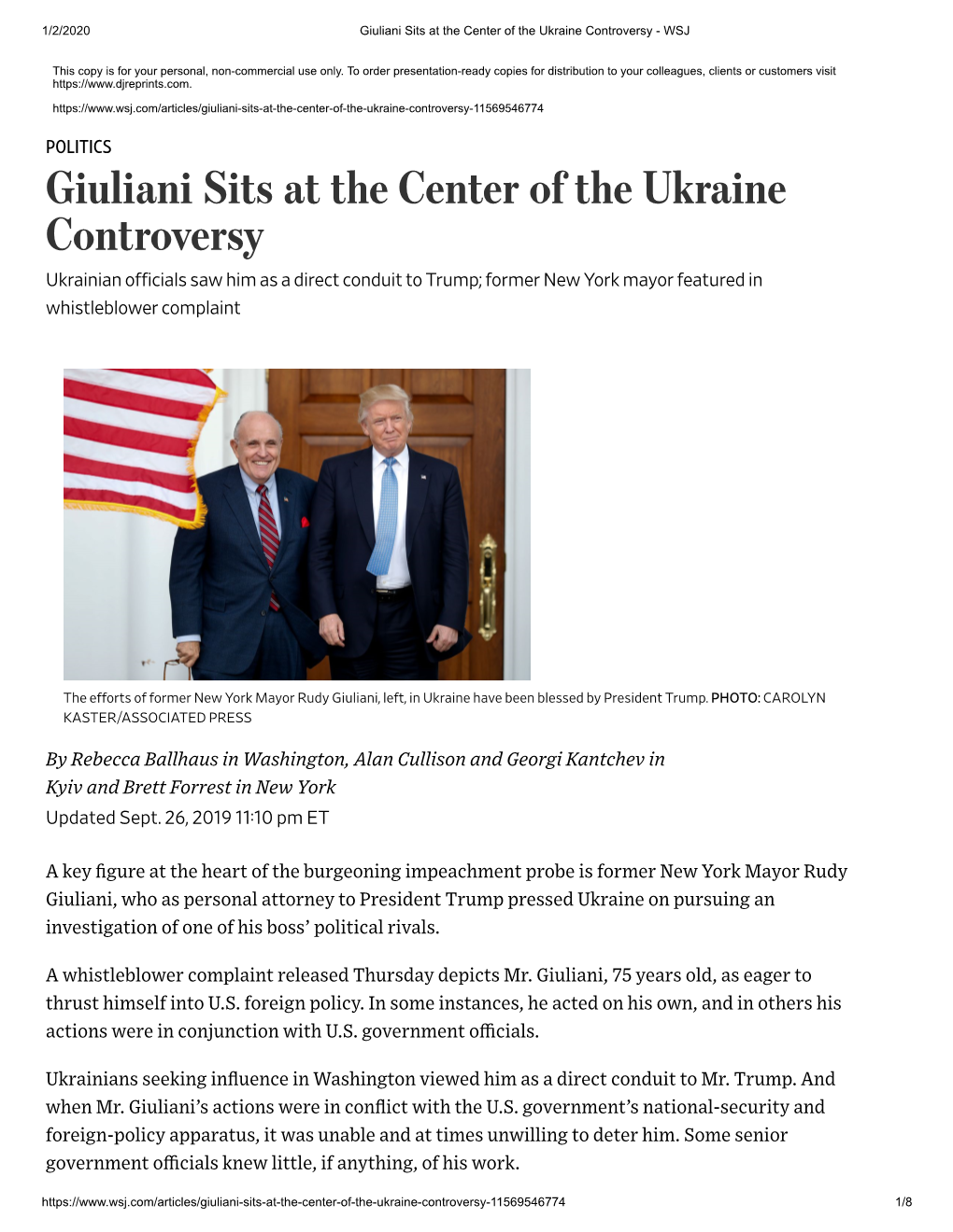 Giuliani Sits at the Center of the Ukraine Controversy - WSJ