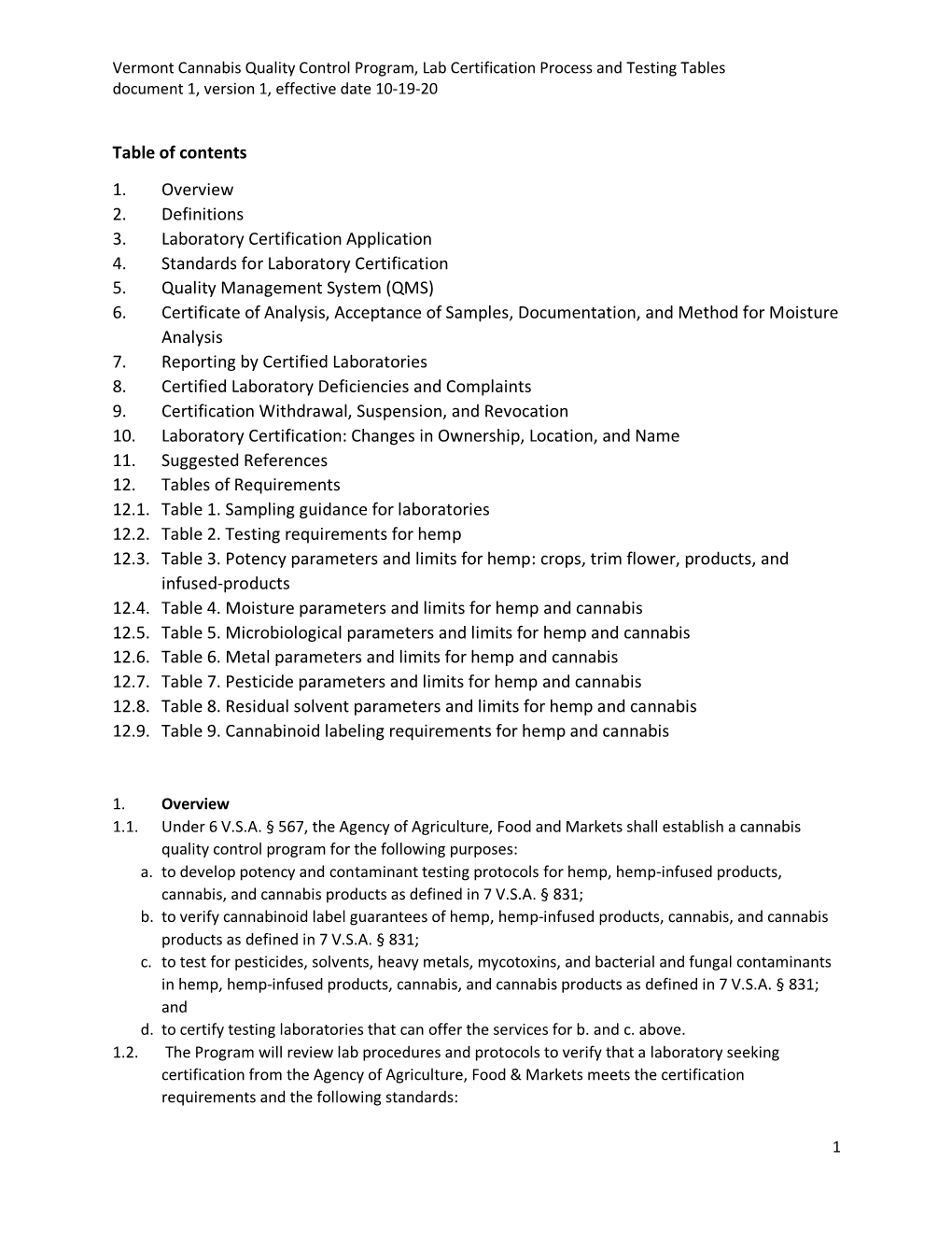 Vermont Cannabis Quality Control Program, Lab Certification Process and Testing Tables Document 1, Version 1, Effective Date 10-19-20