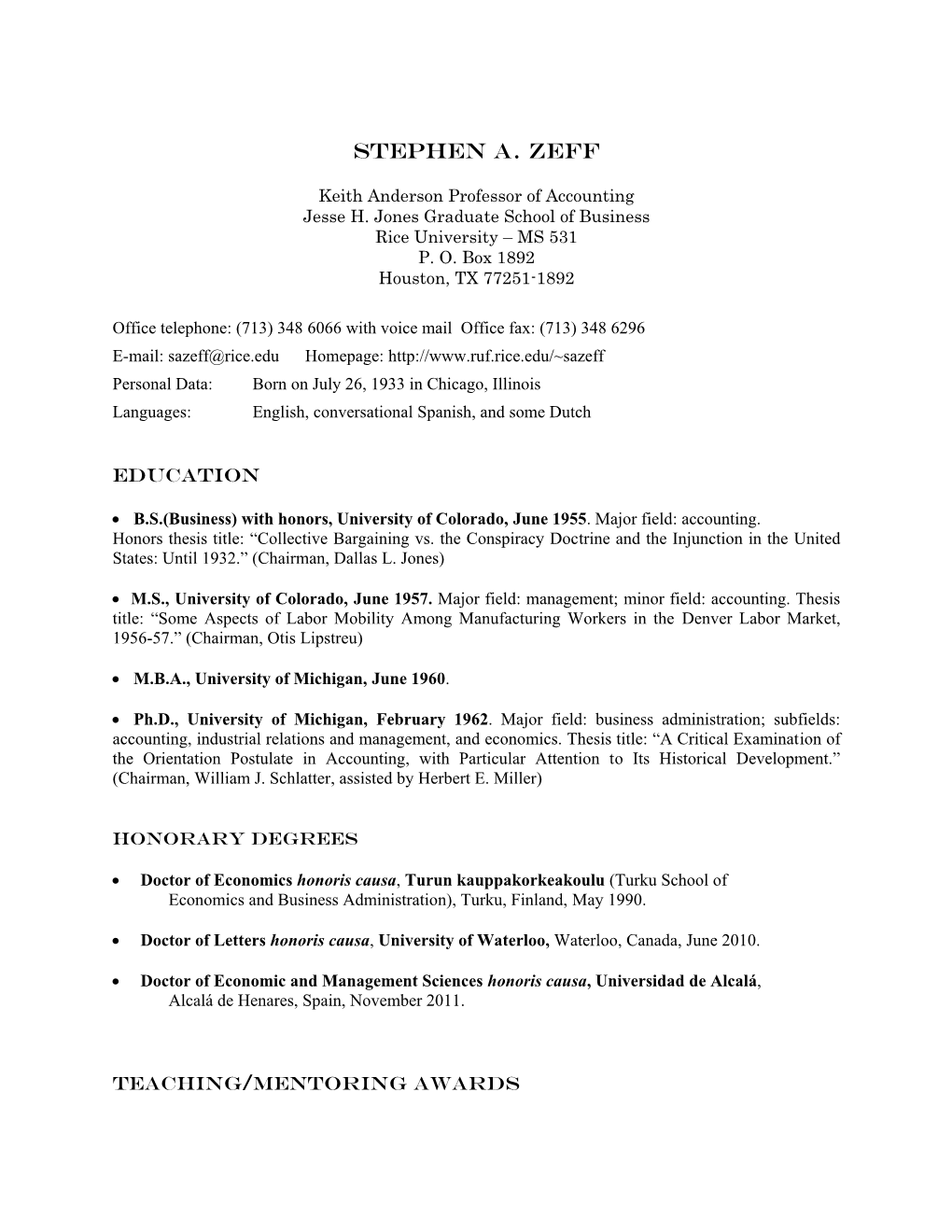 Stephen A. Zeff CV