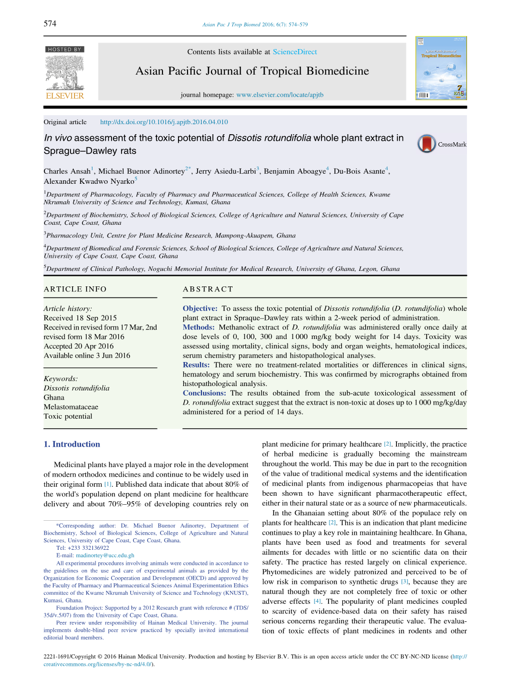 Vivo Assessment of the Toxic Potential of Dissotis Rotundifolia Whole Plant Extract in Sprague-Dawley Rats