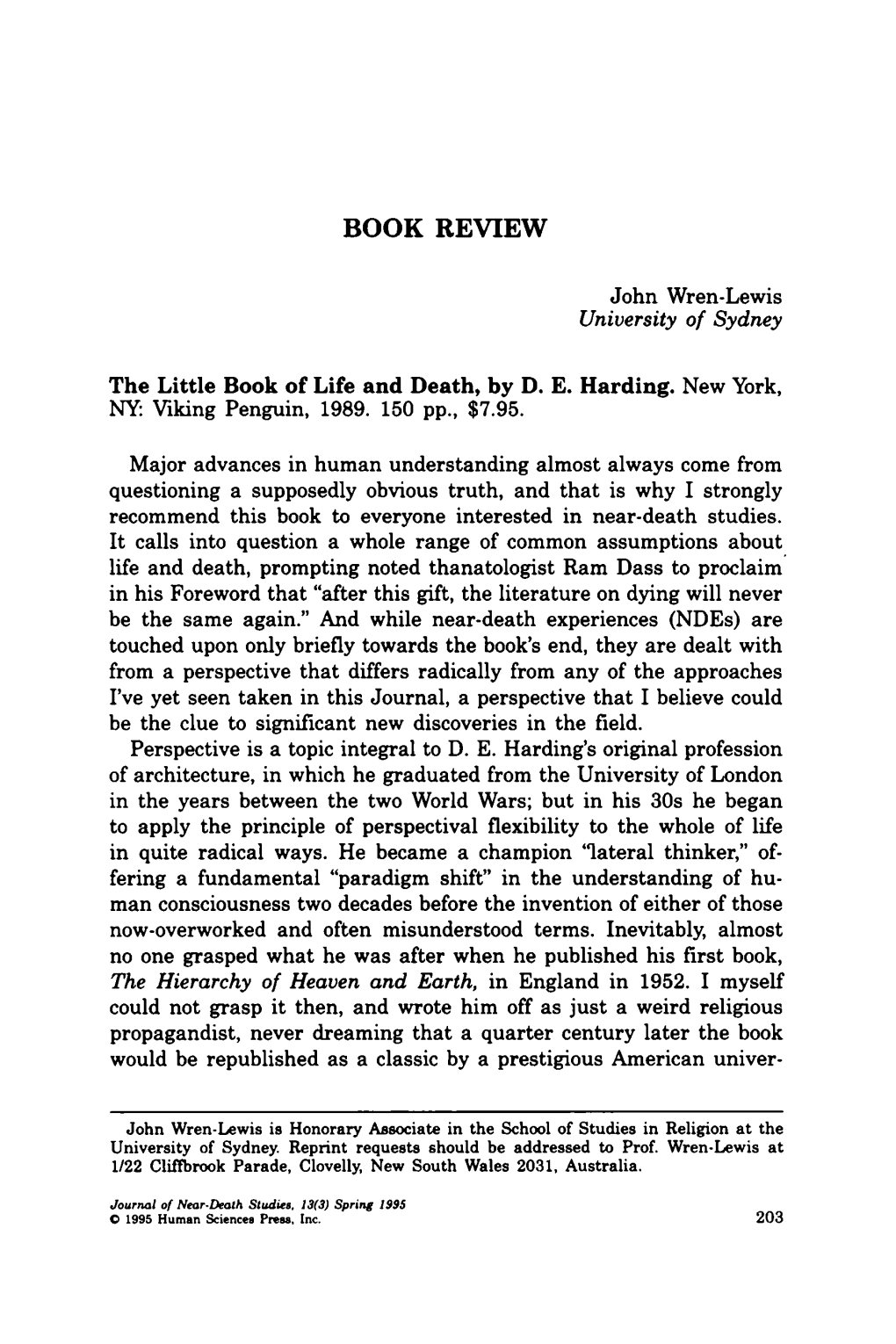 The Little Book of Life and Death, by DE Harding. New York