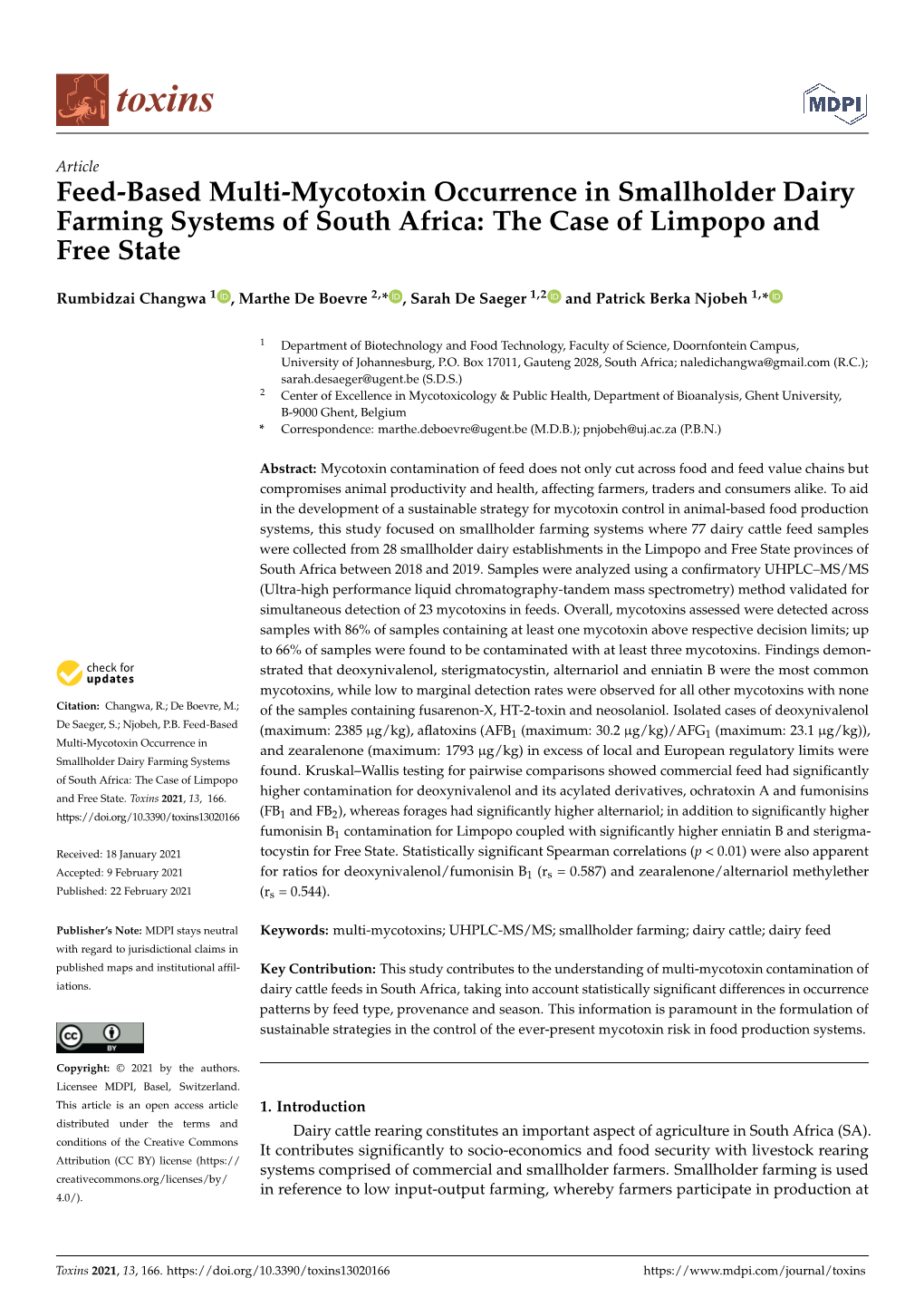 Feed-Based Multi-Mycotoxin Occurrence in Smallholder Dairy Farming Systems of South Africa: the Case of Limpopo and Free State