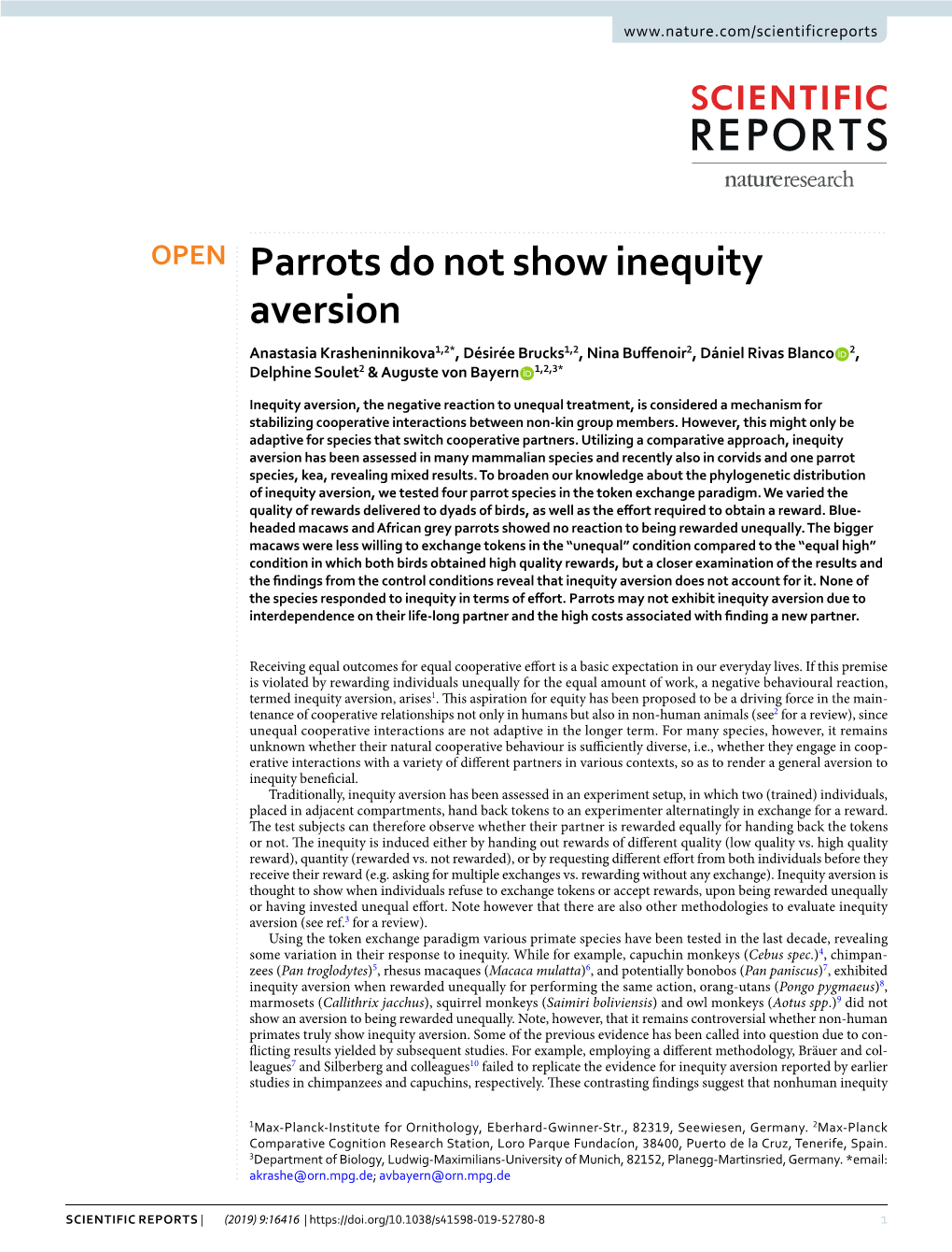 Parrots Do Not Show Inequity Aversion