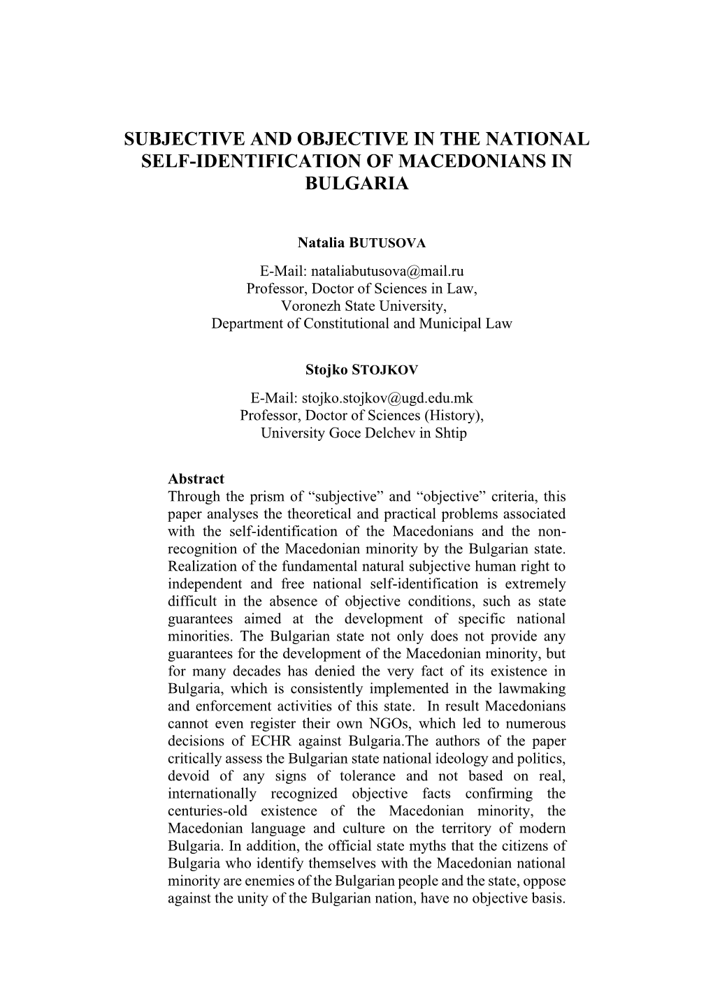 Subjective and Objective in the National Self-Identification of Macedonians in Bulgaria