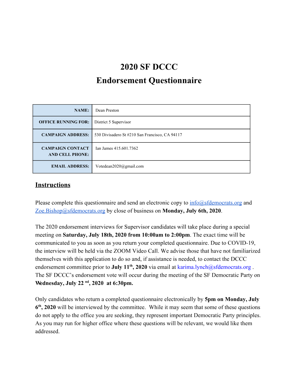 2020 SF DCCC Endorsement Questionnaire