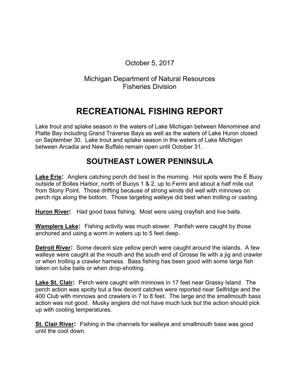 Weekly Fishing Reports for October, November, December 2017