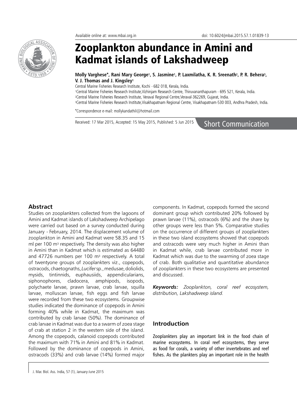Zooplankton Abundance in Amini and Kadmat Islands of Lakshadweep
