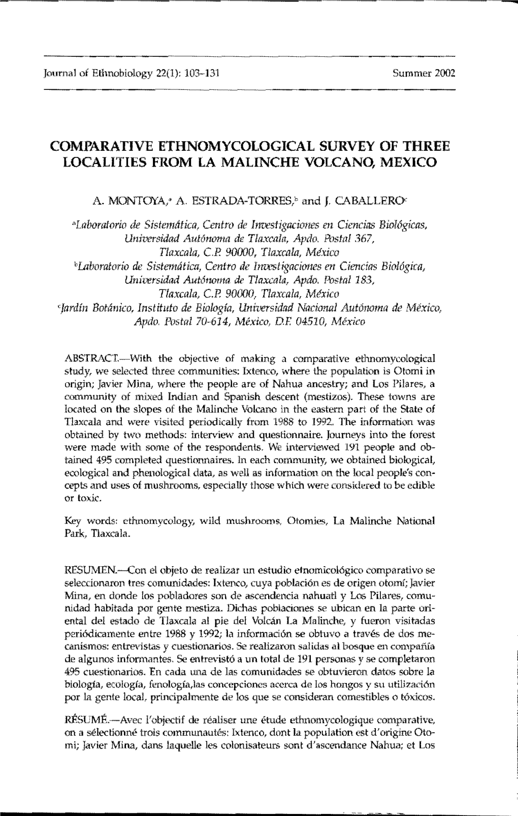 Comparative Ethnomycological Survey of Three Localities from La Malinche Volcano, Mexico