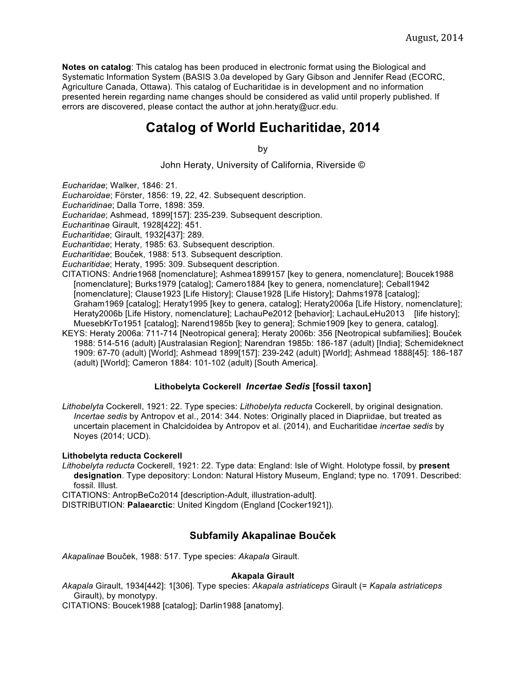 Catalog of World Eucharitidae, 2014