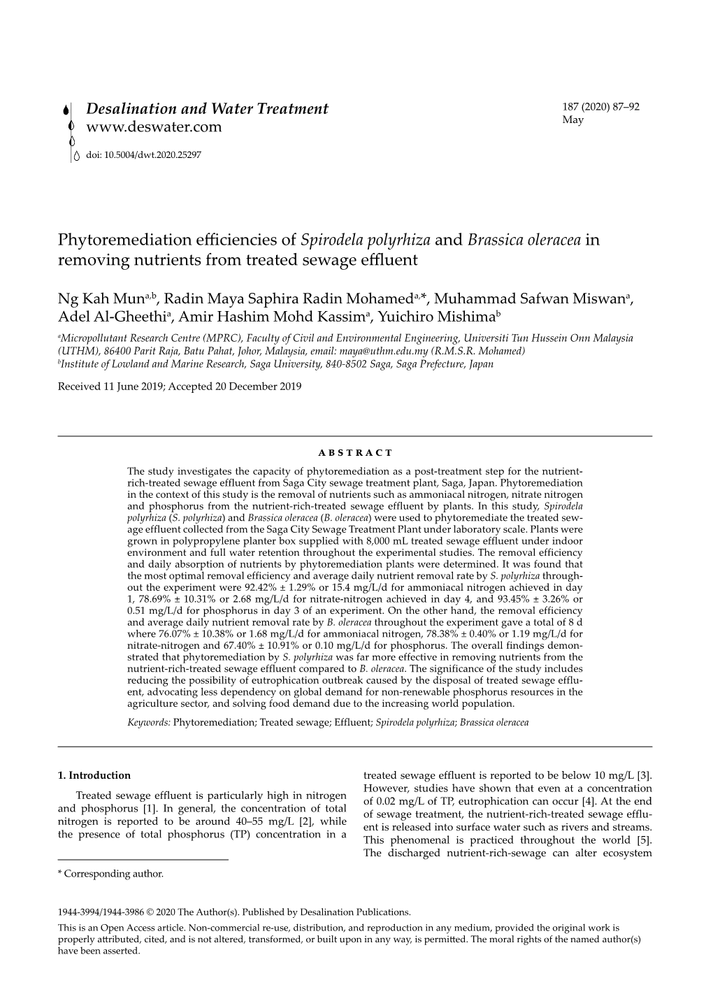 Phytoremediation Efficiencies of Spirodela Polyrhiza and Brassica