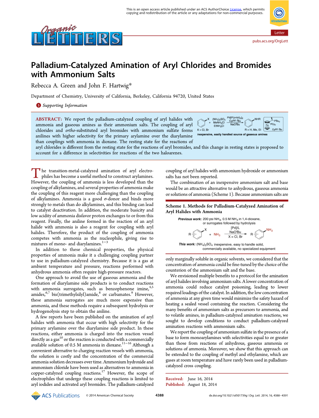 Palladium-Catalyzed Amination of Aryl Chlorides and Bromides with Ammonium Salts Rebecca A