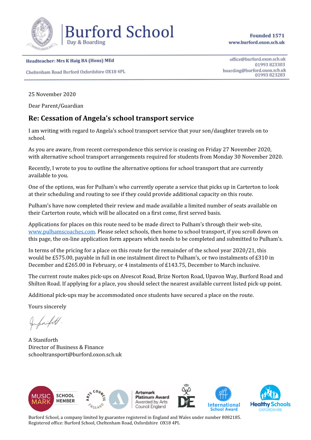 Re: Cessation of Angela's School Transport Service