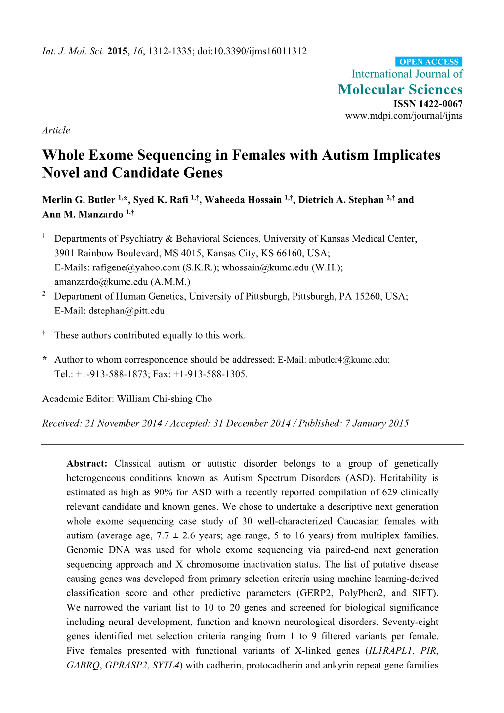 Whole Exome Sequencing in Females with Autism Implicates Novel and Candidate Genes