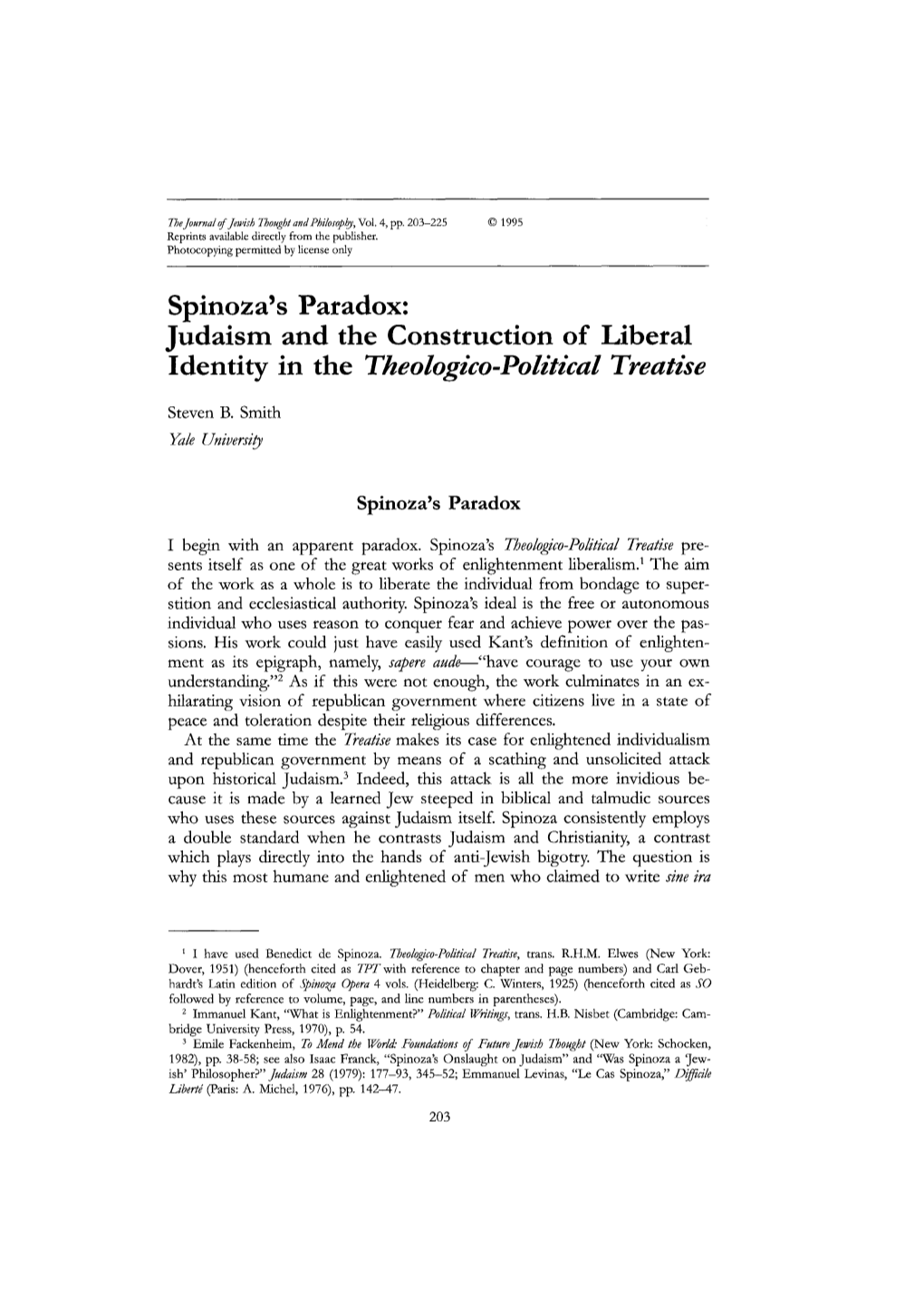 Spinoza's Paradox: Judaism and the Construction of Liberal Identity in the Theologico-Political Treatise