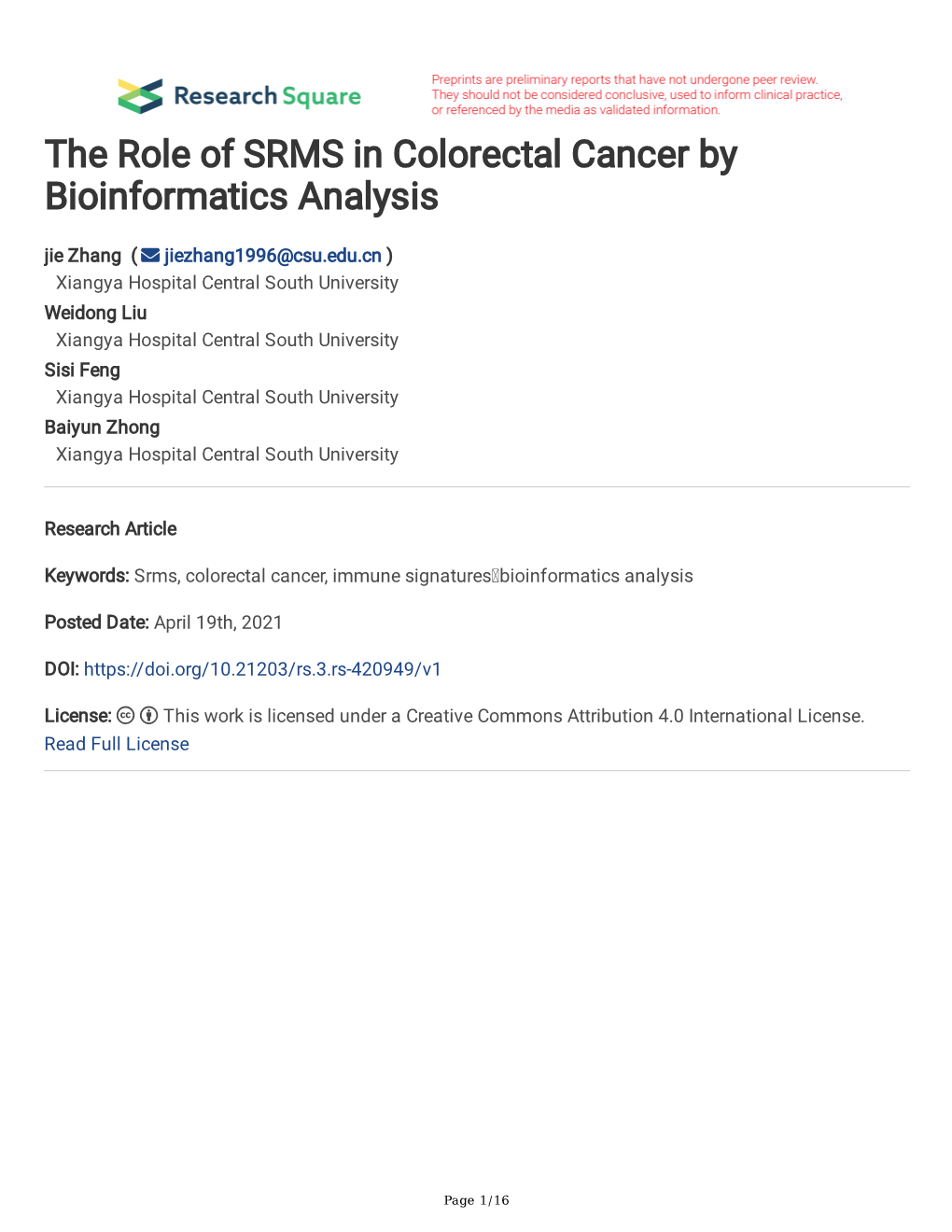 The Role of SRMS in Colorectal Cancer by Bioinformatics Analysis