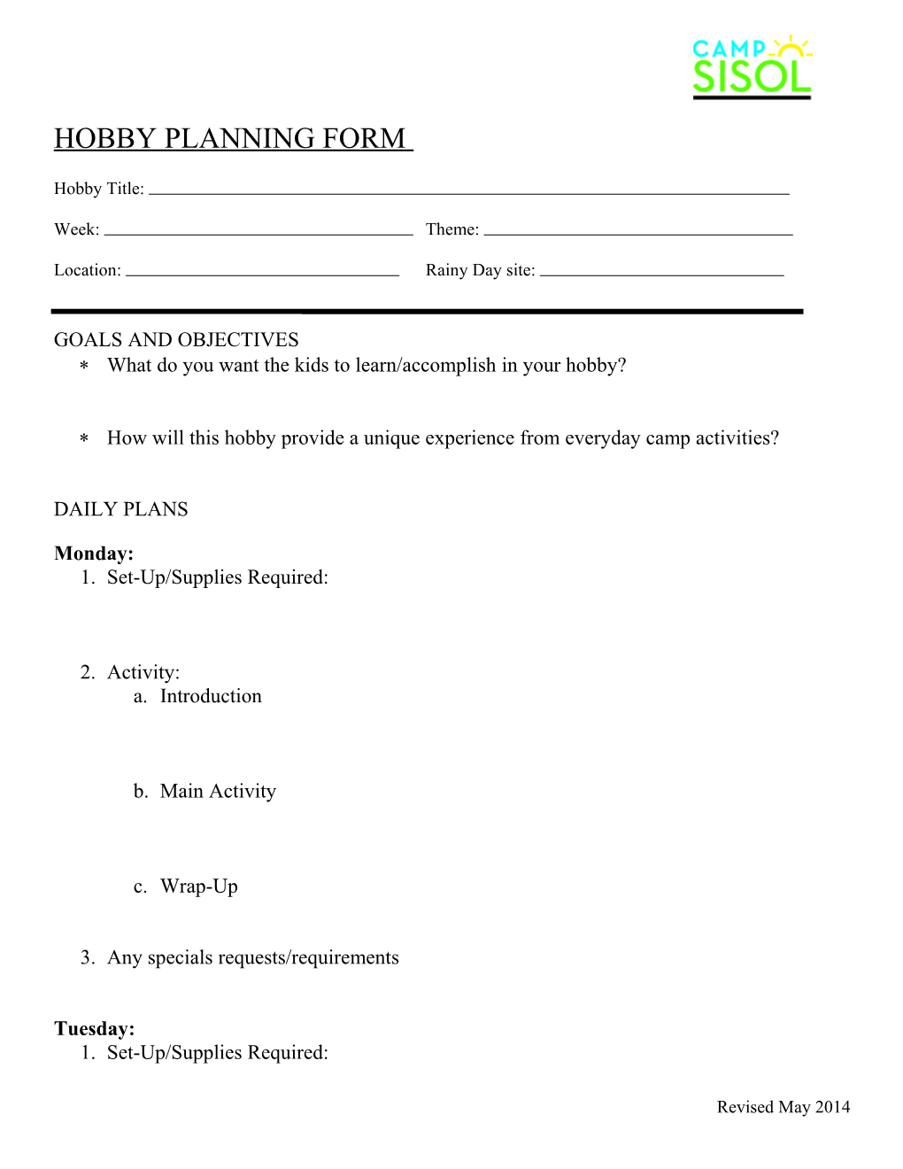Hobby Planning Form
