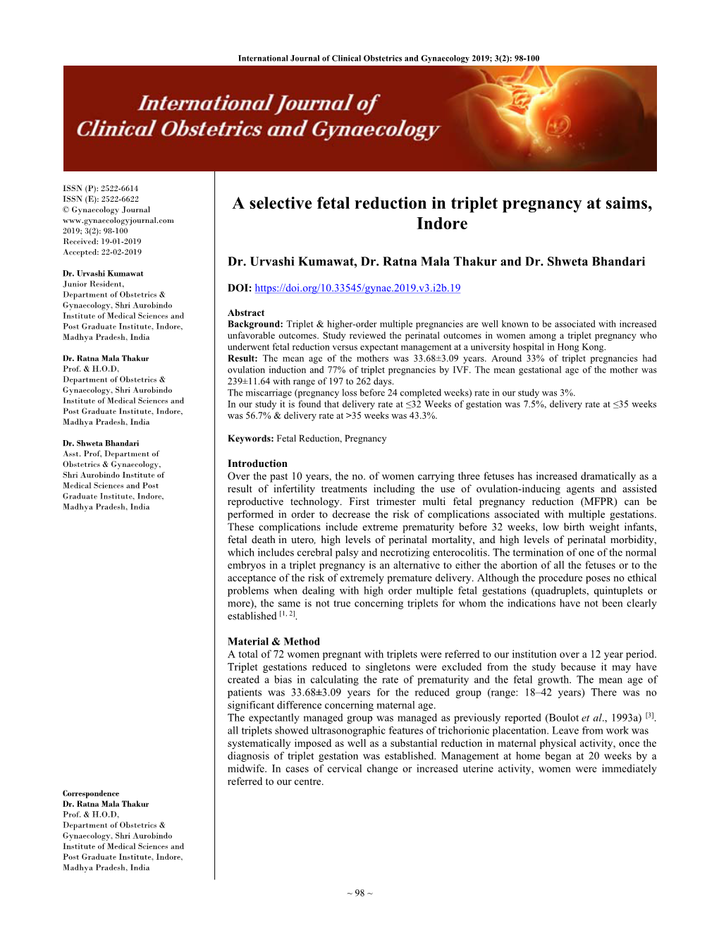 A Selective Fetal Reduction in Triplet Pregnancy at Saims, Indore