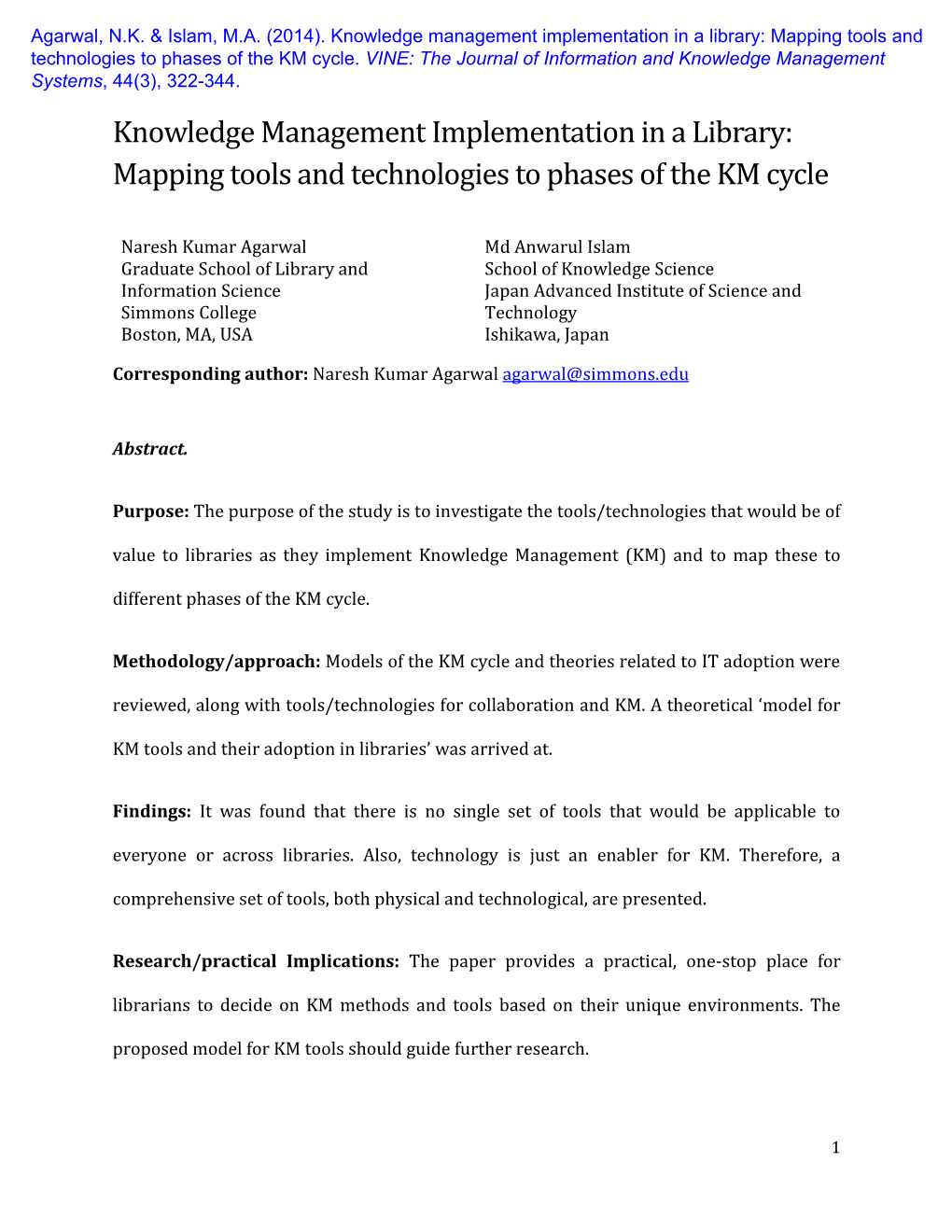 Knowledge Management Implementation in a Library: Mapping Tools and Technologies to Phases of the KM Cycle