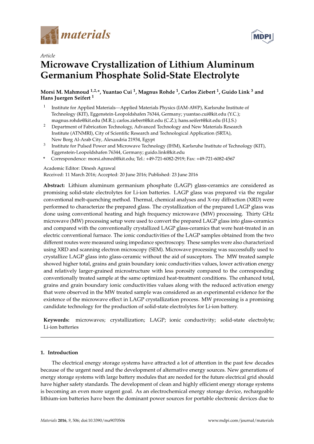 Microwave Crystallization of Lithium Aluminum Germanium Phosphate Solid-State Electrolyte