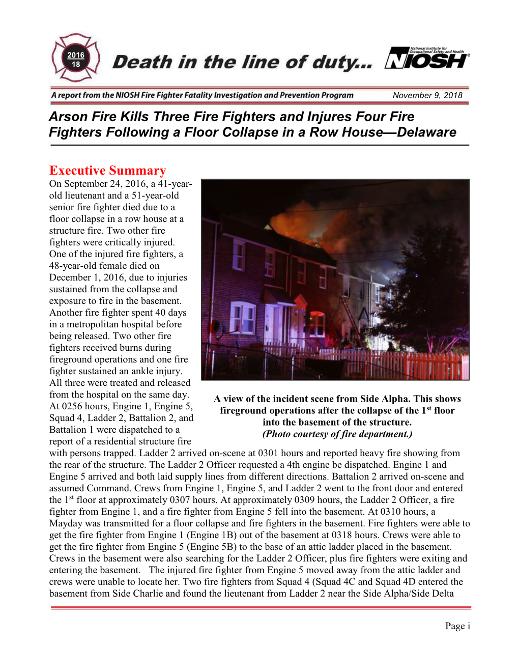 Arson Fire Kills Three Fire Fighters and Injures Four Fire Fighters Following a Floor Collapse in a Row House—Delaware