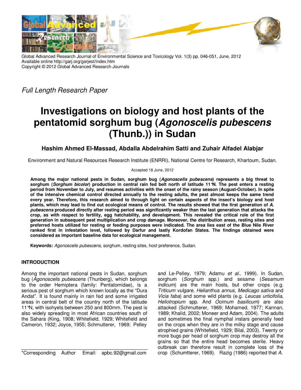 Investigations on Biology and Host Plants of the Pentatomid Sorghum Bug (Agonoscelis Pubescens (Thunb.)) in Sudan