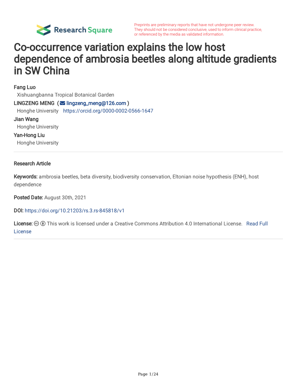 Co-Occurrence Variation Explains the Low Host Dependence of Ambrosia Beetles Along Altitude Gradients in SW China