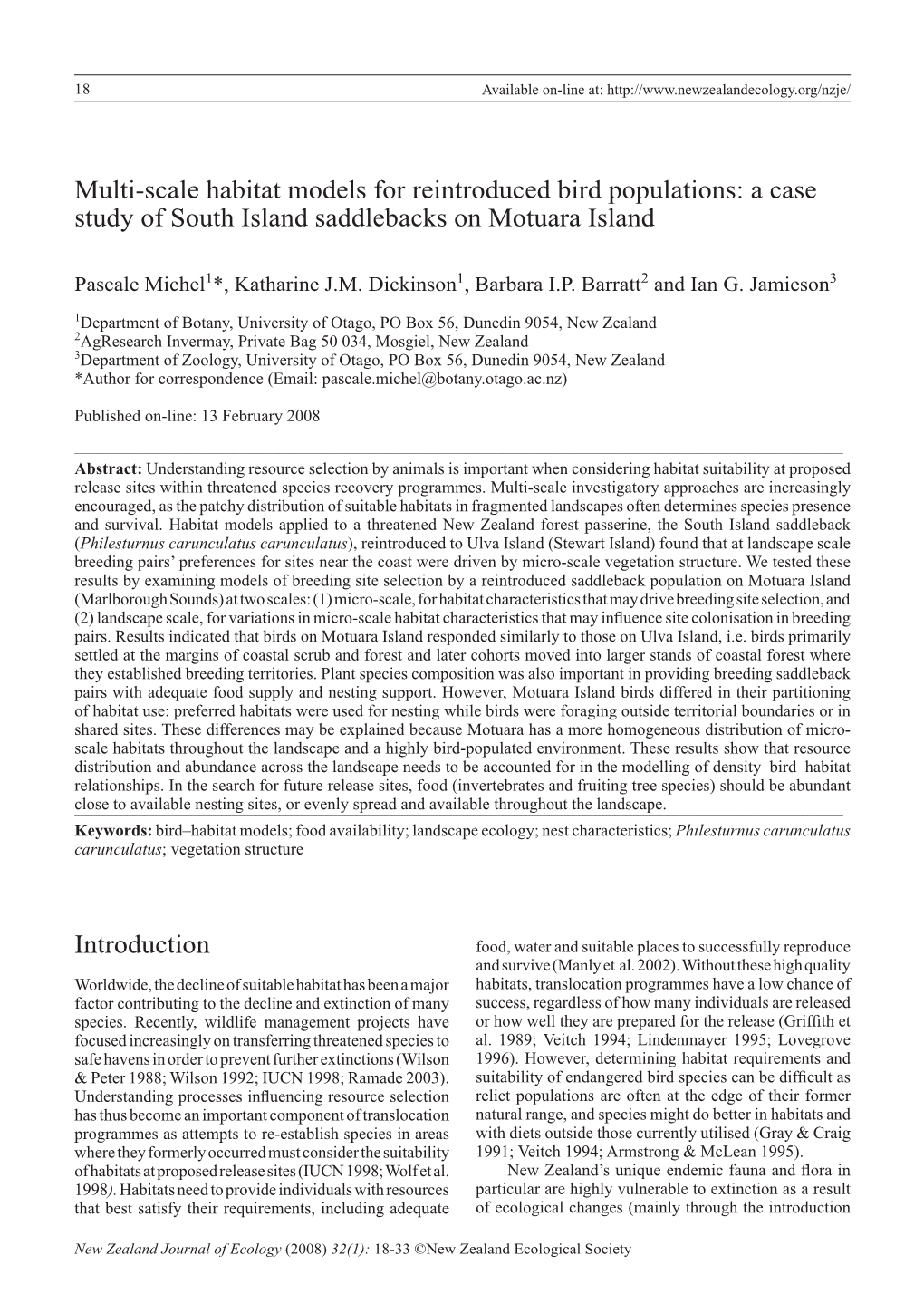 Multi-Scale Habitat Models for Reintroduced Bird Populations: a Case Study of South Island Saddlebacks on Motuara Island