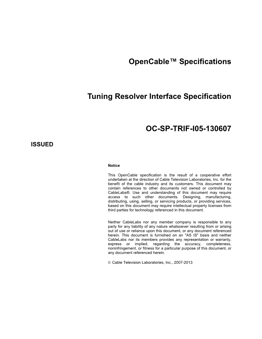 Opencable™ Specifications Tuning Resolver Interface Specification OC