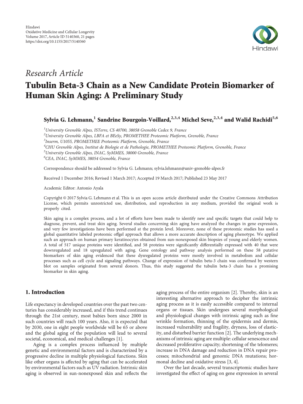 Tubulin Beta-3 Chain As a New Candidate Protein Biomarker of Human Skin Aging: a Preliminary Study