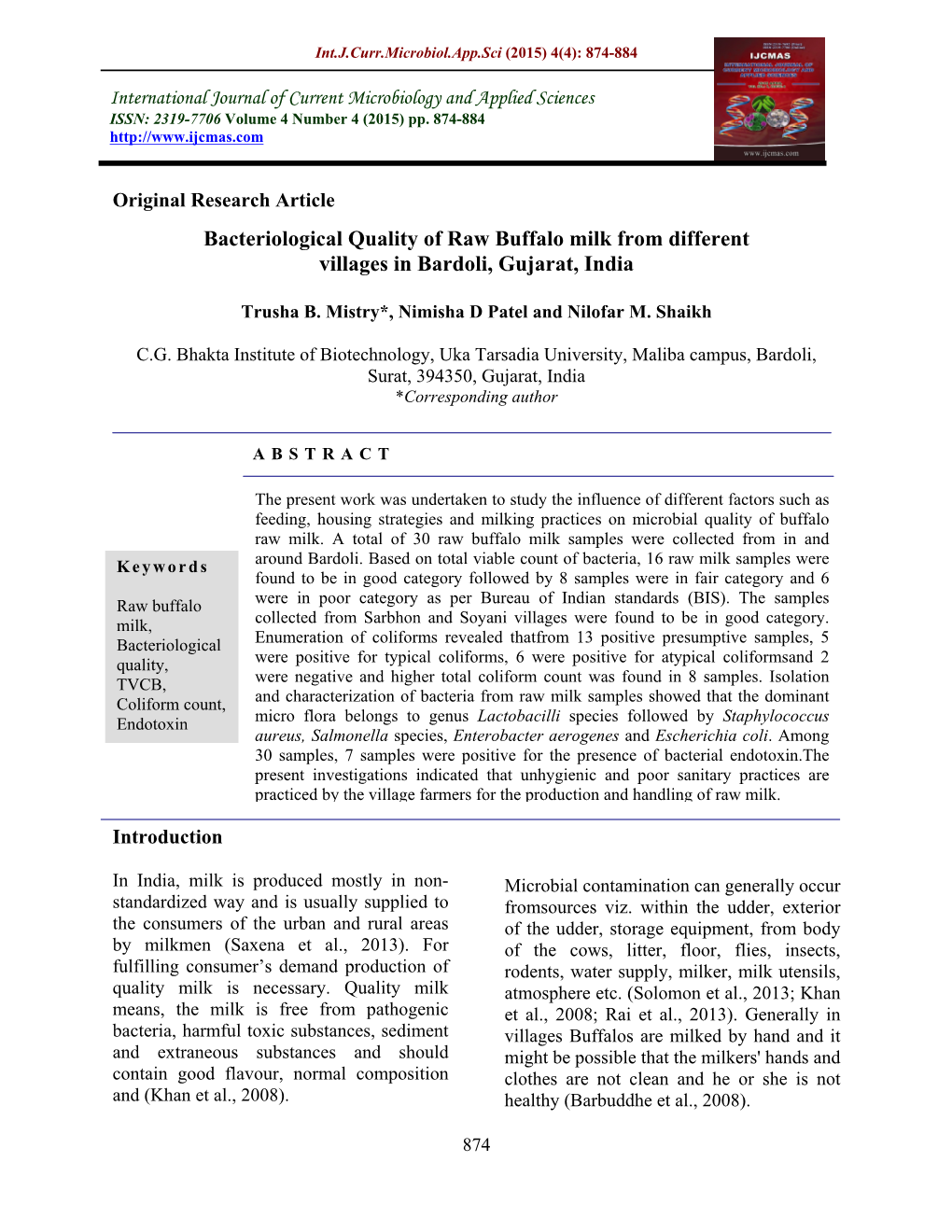 Bacteriological Quality of Raw Buffalo Milk from Different Villages in Bardoli, Gujarat, India