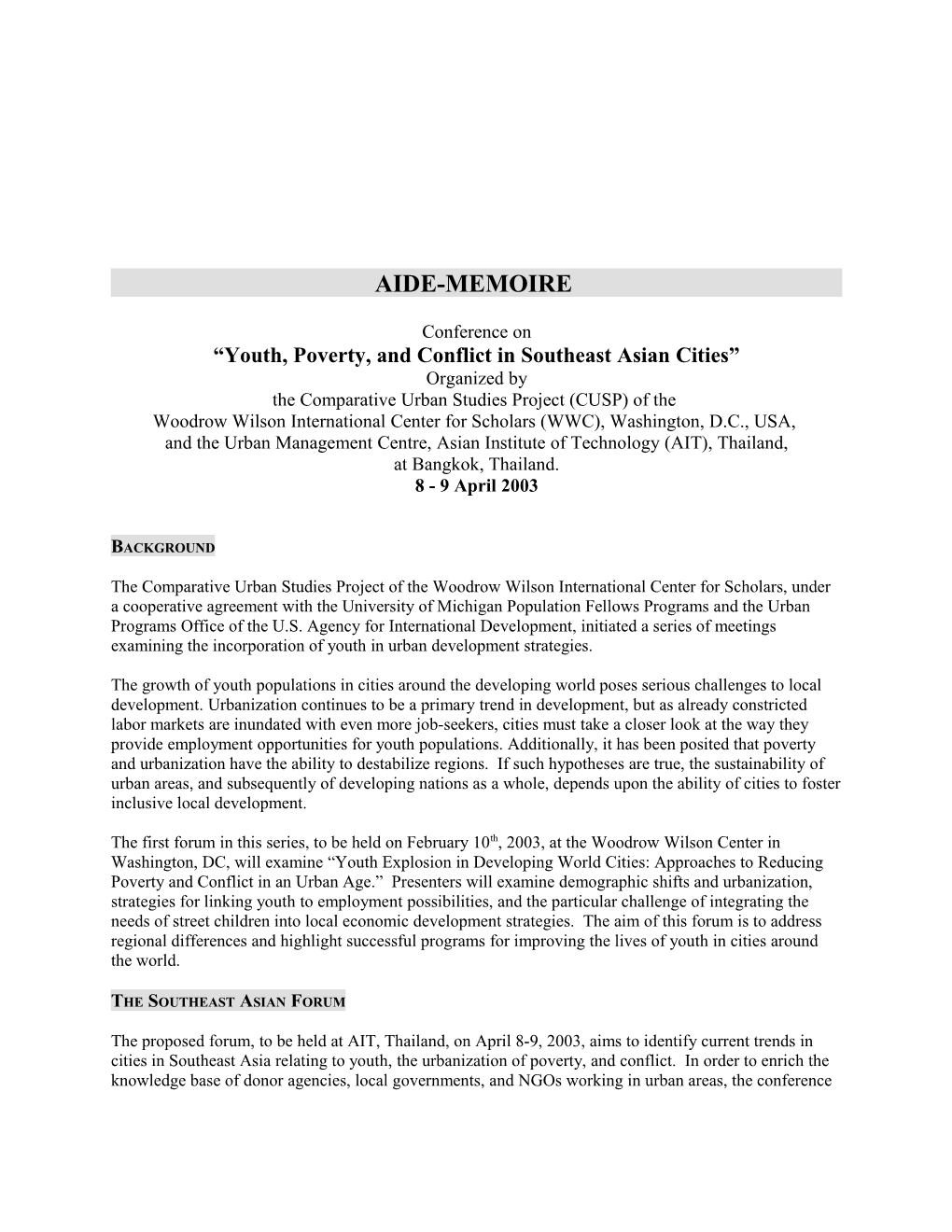 Youth, Poverty, and Conflict in Southeast Asian Cities