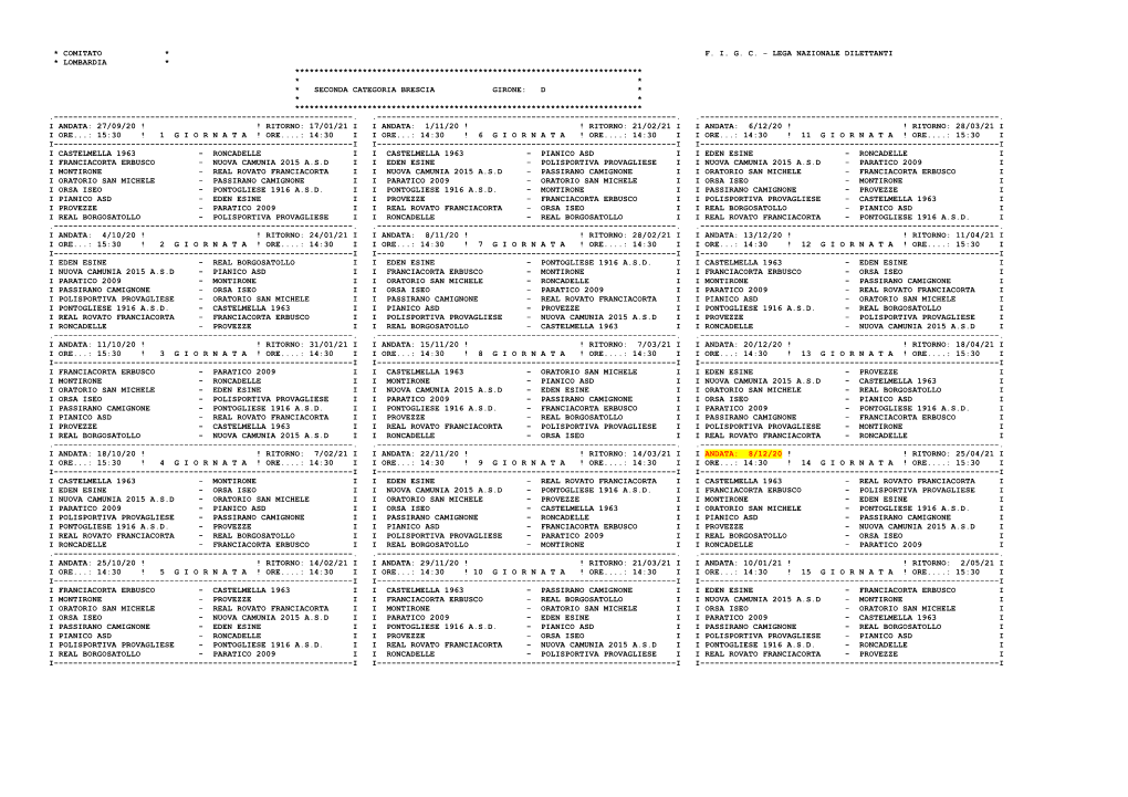 Seconda Categoria Brescia Girone: D * * * ************************************************************************