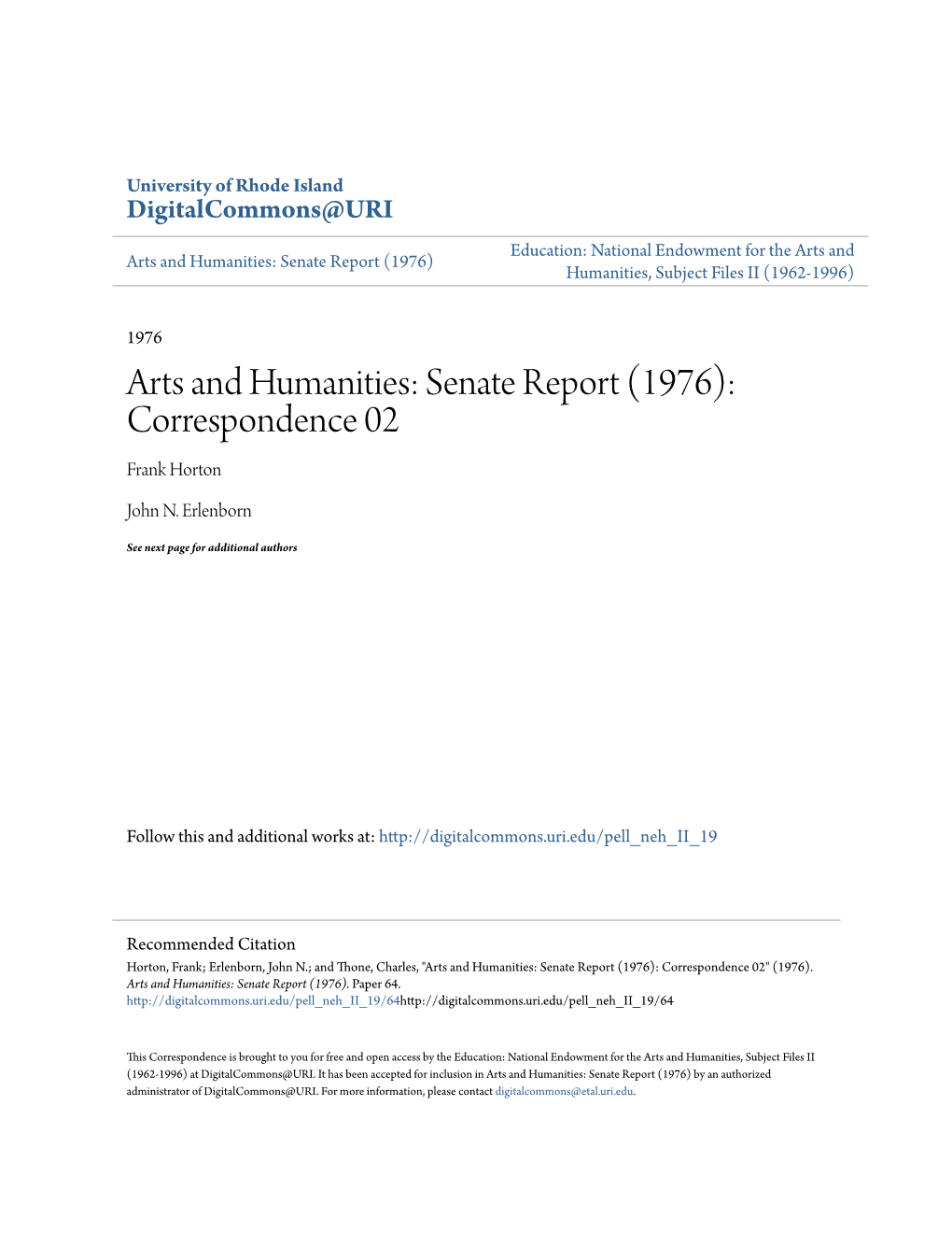Senate Report (1976) Humanities, Subject Files II (1962-1996)